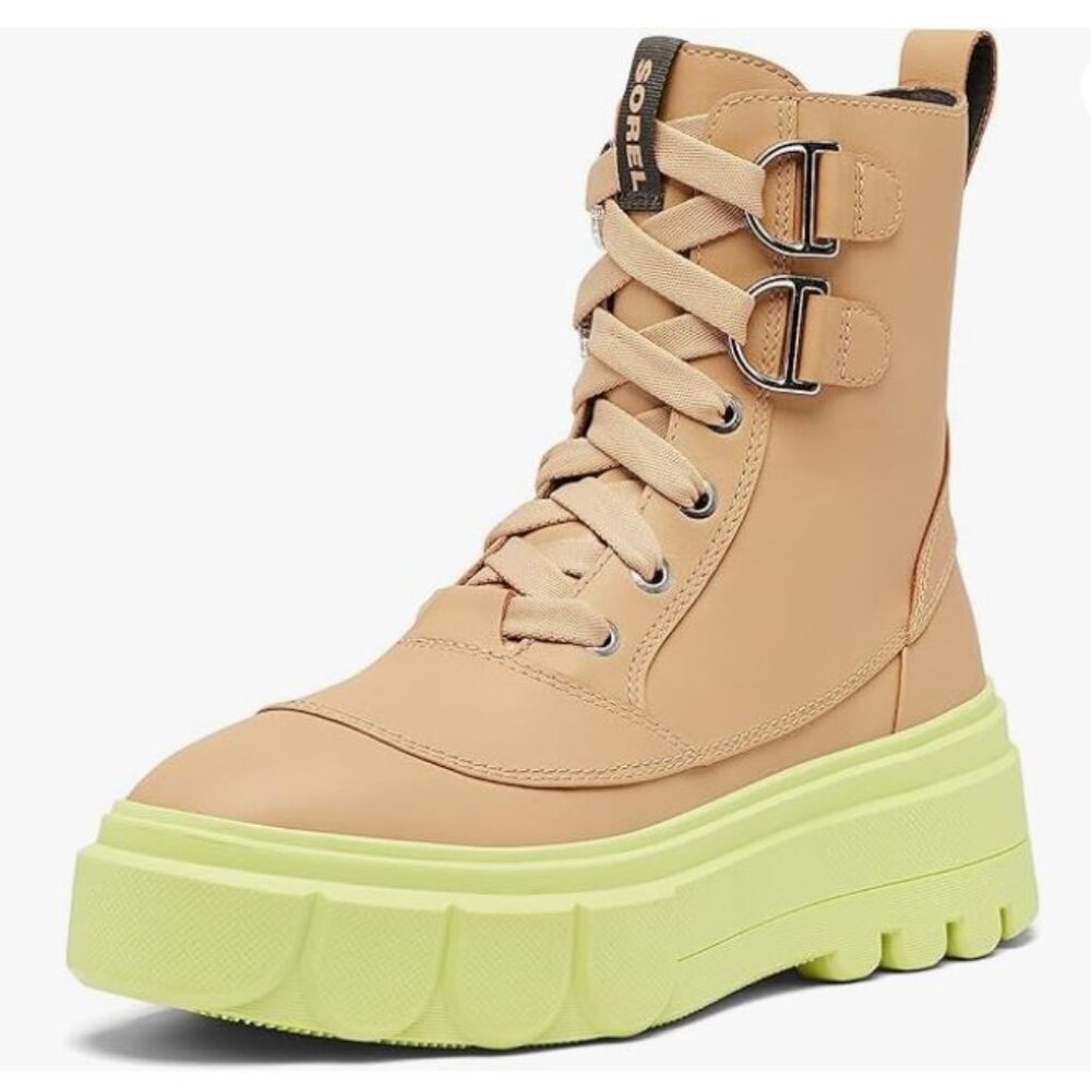 Sorel Women Caribou X Boot Lace Waterproof Boots sz 9.5 leather beige neon green